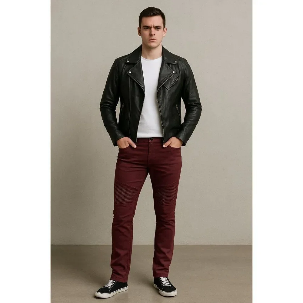 DNM Collection Moto Biker Pants Men’s 32 Burgundy Slim Fit Stretch Jeans